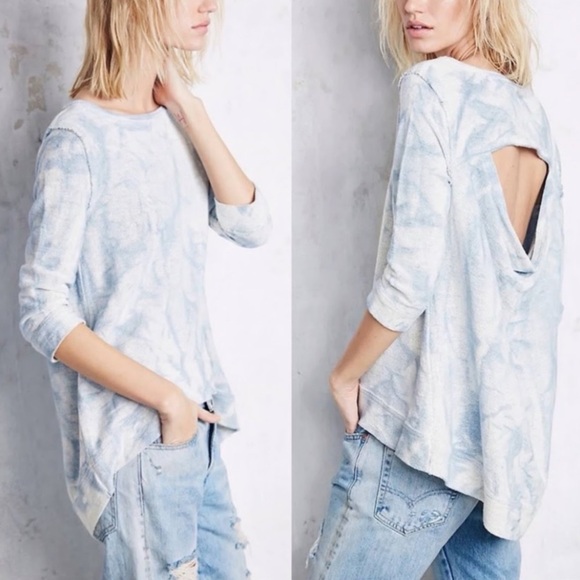 Free People Cloudy Day Tie Dye Sweatshirt Blue Size XS Womens Distressed Tunic - Picture 1 of 11